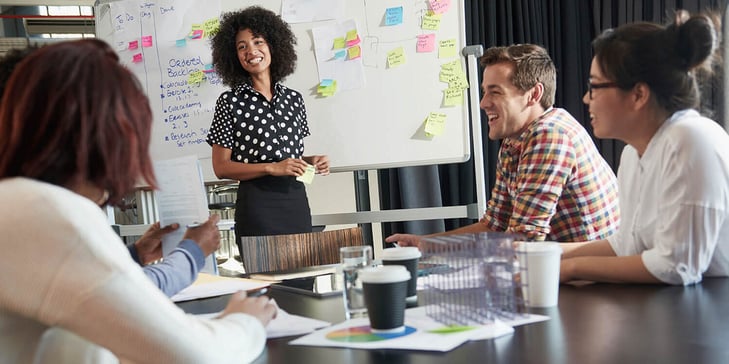 Team meeting with a board